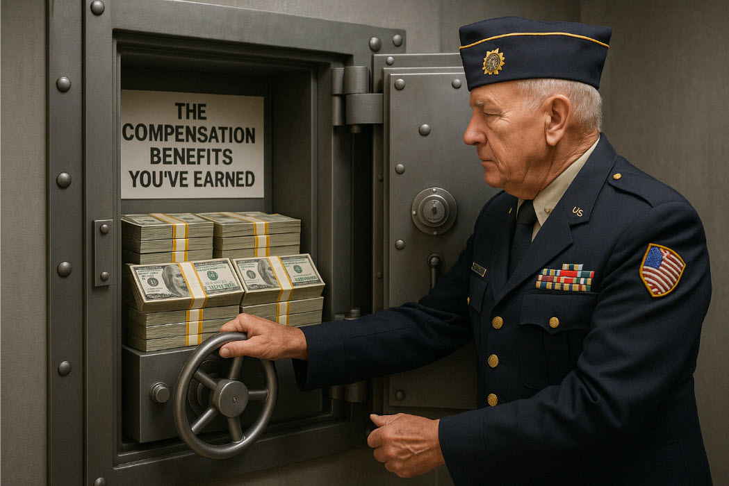 Vault showing inside the compensatino benefits that have been earned Veteran opening the vault of VA benefits